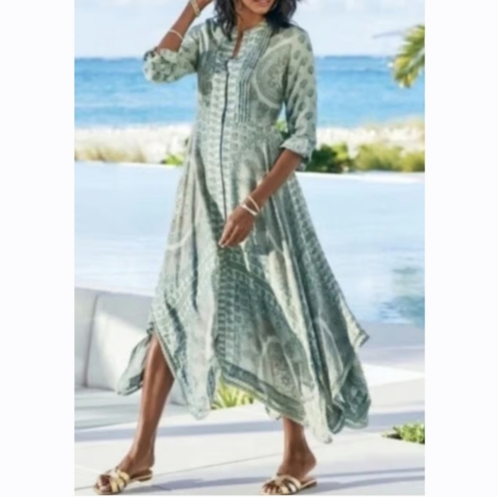 Soft Surroundings Green Boho Handkerchief Hem Maxi Dress